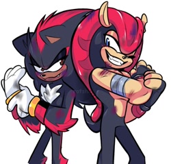 Size: 918x878 | Tagged: safe, artist:_rotshi_, mighty the armadillo, shadow the hedgehog, 2026, arm fluff, bandage, blood, bruise, duo, fangs, flexing, gay, grey background, mightadow, scratch (injury), shipping, simple background, smile, standing, wink