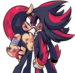 Size: 918x887 | Tagged: safe, artist:_rotshi_, mighty the armadillo, shadow the hedgehog, 2026, arm fluff, bandage, blood, blushing, bruise, duo, gay, grey background, imminent kissing, looking at each other, mightadow, scratch (injury), shipping, simple background, smile, standing
