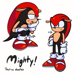 Size: 1000x1000 | Tagged: safe, artist:woniksonik, mighty the armadillo, 2026, character name, english text, exclamation mark, frown, hand on hip, lidded eyes, looking offscreen, mouth open, signature, simple background, smile, solo, squatting, text, white background