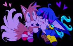 Size: 1629x1024 | Tagged: safe, artist:bobbutterbutt, kit the fennec, miles "tails" prower, 2026, black background, cute, duo, frown, gay, heart, hugging, kit x tails, kitabetes, shipping, simple background, smile, tailabetes, tentacle, tongue out, water