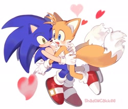 Size: 2048x1737 | Tagged: safe, artist:shadowcakkee, miles "tails" prower, sonic the hedgehog, 2026, age difference, blushing, cute, duo, gay, heart, holding each other, shipping, signature, simple background, smile, sonic x tails, white background