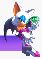 Size: 750x1037 | Tagged: safe, artist:chaosc0ntr0l, rouge the bat, 2026, chaos emerald, holding something, lidded eyes, looking at viewer, smile, solo