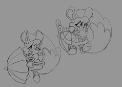 Size: 1673x1200 | Tagged: safe, artist:tyloona36774, oc, oc:cuddles the chinchilla, 2026, chinchilla, flat colors, grey background, holding something, line art, looking offscreen, monochrome, oc only, parasol, simple background, solo