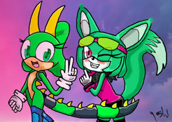 Size: 1280x905 | Tagged: safe, artist:yoshi34, sonar the fennec, oc, oc:emerald the iguana, lizard, 2021, blushing, cute, duo, eye clipping through clothes, eye clipping through object, fennec, gradient background, iguana, looking at viewer, signature, smile, standing, v sign, walking