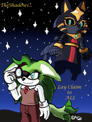 Size: 774x1032 | Tagged: safe, artist:artsytanooki, megani the jackal, jackal, 2025, abstract background, black sclera, duality, duo, english text, enigma the phantom thief, looking at viewer, looking offscreen, nighttime, outdoors, self paradox, signature, smile, standing, star (sky), text