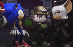 Size: 926x600 | Tagged: safe, knuckles the echidna, rebel rouge, rouge the bat, sonic the hedgehog, sonic prime, 3d, blaster, frown, group, renegade knuckles, screencap, squad commander red, standing