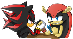 Size: 643x341 | Tagged: safe, artist:marufabegum, mighty the armadillo, shadow the hedgehog, 2020, arm wrestling, armband, duo, fingerless gloves, frown, gloves, holding hands, lidded eyes, looking at each other, simple background, smile, table, white background