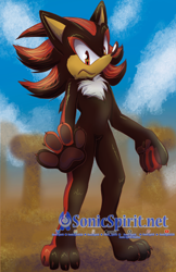 Size: 792x1224 | Tagged: safe, artist:sonicspirit128, shadow the hedgehog, 2025, barefoot, claws, clouds, daytime, frown, gloves off, looking at viewer, outdoors, pawpads, paws, signature, solo, standing