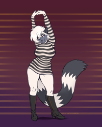 Size: 800x1000 | Tagged: safe, artist:thetiedtigress, tangle the lemur, 2023, alternate outfit, boots, flat colors, hands up, long-sleeved shirt, one eye closed, shirt, smile, solo, standing, striped background