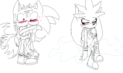 Size: 932x550 | Tagged: safe, artist:r-bunny21, miles "tails" prower, silver the hedgehog, sonic the hedgehog, 2017, age difference, blushing, gay, jealously, kiss, lidded eyes, line art, monochrome, ms paint, shipping, simple background, sitting, sonic x tails, standing, surprise kiss, surprised, sweatdrop, trio, white background
