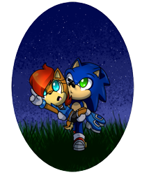 Size: 543x666 | Tagged: safe, artist:risziarts, sally acorn, sonic the hedgehog, chipmunk, hedgehog, 2018, carrying them, chibi, duo, female, male, nighttime, pointing, sally x sonic, sally's ringblader outfit, shipping, star (sky), straight, walking