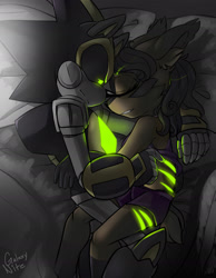 Size: 1280x1646 | Tagged: safe, artist:galaxynite, nicole the hololynx, shard the metal, lynx, 2016, alternate outfit, bed, clothes, duo, female, glowing, glowing eyes, hugging, lying on bed, male, nighttime, robot, shipping, shorts, sleeping, straight