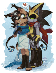 Size: 1400x1800 | Tagged: safe, artist:galaxynite, nicole the hololynx, shard the metal, lynx, 2018, alternate outfit, clothes, daytime, dress, duo, female, hand on another's shoulder, heart, holding hands, kiss, kiss on cheek, male, nicole x shard, robot, scarf, shipping, snow, snowing, straight, walking