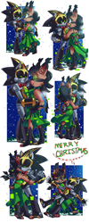 Size: 1200x3000 | Tagged: safe, artist:ames-upside-down, artist:galaxynite, artist:whimsical-wings, nicole the hololynx, shard the metal, lynx, 2016, alternate outfit, bowtie, christmas, clothes, dancing, dress, duo, english text, female, happy, male, nicole x shard, nighttime, robot, scarf, shipping, snow, snowing, straight