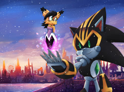 Size: 1211x901 | Tagged: safe, artist:splushmaster12, nicole the hololynx, shard the metal, lynx, 2016, city, daytime, duo, female, hololynx, male, nicole x shard, robot, shipping, straight