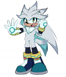 Size: 1208x1420 | Tagged: safe, artist:rwmsicle, silver the hedgehog, 2025, cheek fluff, chest fluff, cute, ear fluff, fur markings, hip fluff, leg fluff, looking at viewer, one fang, silvabetes, simple background, smile, solo, white background