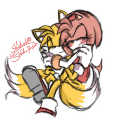 Size: 900x913 | Tagged: safe, artist:misterhyeon-in, amy rose, miles "tails" prower, 2016, blushing, duo, eye clipping through hair, eyes closed, hugging, hugging from behind, shipping, signature, simple background, smile, straight, tailamy, treads, white background
