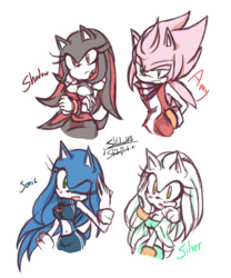 Size: 1024x1228 | Tagged: safe, artist:misterhyeon-in, amy rose, shadow the hedgehog, silver the hedgehog, sonic the hedgehog, 2015, busty shadow, busty silver, busty sonic, character name, cleavage, clothes, frown, gender swap, group, looking at viewer, looking offscreen, mouth open, simple background, smile, text, white background, wink