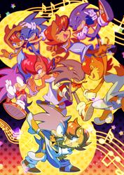 Size: 1280x1811 | Tagged: safe, artist:drawloverlala, sally acorn, sonic the hedgehog, chipmunk, hedgehog, 2025, bowtie, clothes, dress, duo, female, happy, male, musical notes, sally x sonic, shipping, straight