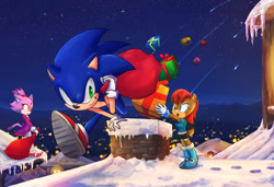 Size: 1200x820 | Tagged: safe, artist:splushmaster12, blaze the cat, sally acorn, sonic the hedgehog, cat, chipmunk, hedgehog, 2016, building, christmas, female, gift box, gifting, holding something, house, male, meteor shower, nighttime, running, sally's ringblader outfit, snow, star (sky), trio