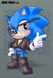 Size: 1084x1590 | Tagged: safe, artist:nonicpower, 2025, anti-sonic, classic sonic, clenched teeth, hand on hip, looking at viewer, pointing, smile, solo