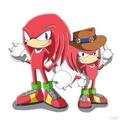 Size: 800x800 | Tagged: safe, artist:domestic maid, knuckles the echidna, 2012, classic knuckles, duo, knuckles' hat, looking at viewer, self paradox, shadow (lighting), simple background, smile, sonic generations, standing, white background