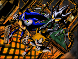 Size: 1024x768 | Tagged: safe, artist:netraptor, miles "tails" prower, robo sonic, sonic the hedgehog, metropolis zone, sonic the hedgehog 2, 2004, abstract background, chasing, fanfiction art, from above, holding hands, lava, looking offscreen, looking up, machinery, mouth open, pipe, robot, running, slicer, trio