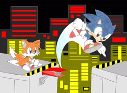 Size: 2338x1700 | Tagged: safe, artist:spitfirelex, miles "tails" prower, sonic the hedgehog, sonic the hedgehog 2, 2009, abstract background, chemical plant, classic sonic, classic tails, duo, flipper, mid-air, pointing, standing, treads