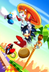 Size: 800x1170 | Tagged: safe, artist:sketchiegambit, buzz bomber, coconuts, miles "tails" prower, sonic the hedgehog, green hill zone, 2011, badnik, bridge, carrying them, chopper, classic sonic, classic tails, clouds, coconut, daytime, duo focus, flapping wings, flying, grass, group, holding them, loop, mid-air, outdoors, palm tree, robot, signature, spinning tails, treads, tree, water