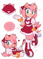 Size: 1230x1702 | Tagged: safe, artist:einelitas, amy rose, alternate outfit, bowl, dialogue, eye clipping through hair, heart, mixing, simple background, smile, solo, speech bubble, white background, wink