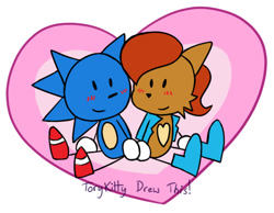 Size: 630x490 | Tagged: safe, artist:torykitty, sally acorn, sonic the hedgehog, chipmunk, hedgehog, 2025, blushing, duo, emotes, female, heart, heart background, holding hands, male, sally x sonic, sally's vest and boots, shipping, sketchhog, straight