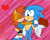 Size: 3000x2400 | Tagged: safe, artist:supersallychan, sally acorn, sonic the hedgehog, chipmunk, hedgehog, 2014, abstract background, bouquet, duo, eyes closed, female, flower, heart, holding something, kiss, kiss on cheek, looking offscreen, male, rose, sally x sonic, sally's ringblader outfit, shipping, straight, surprise kiss