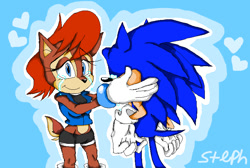 Size: 825x556 | Tagged: safe, artist:midnight-shine1996, sally acorn, sonic the hedgehog, chipmunk, hedgehog, 2014, crying, duo, female, hand on another's cheek, heart, heart background, looking at each other, male, sally x sonic, sally's ringblader outfit, shipping, straight, tears, tears of happiness