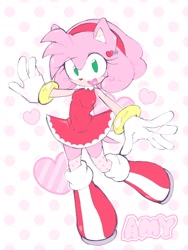 Size: 1180x1571 | Tagged: safe, artist:emilin05, amy rose, abstract background, character name, eye clipping through hair, female, heart, looking at viewer, mouth open, no pupils, open smile, outline, smile, smiling at viewer, solo, white outline