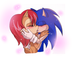 Size: 1900x1645 | Tagged: safe, artist:mizusawa-yuki, sally acorn, sonic the hedgehog, chipmunk, hedgehog, 2014, blank background, blushing, duo, female, kiss, male, nudity, sally x sonic, shipping, sparkles, straight, tears, wet