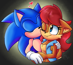 Size: 1883x1695 | Tagged: safe, artist:yoshiyoshi700, sally acorn, sonic the hedgehog, chipmunk, hedgehog, 2022, duo, female, heart, kiss, kiss on cheek, male, sally x sonic, sally's vest and boots, shipping, straight