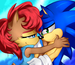 Size: 1024x888 | Tagged: safe, artist:yami-child, sally acorn, sonic the hedgehog, chipmunk, hedgehog, 2024, duo, female, looking at each other, male, sally x sonic, sally's vest and boots, shipping, straight, tears