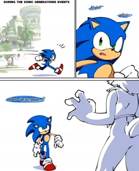 Size: 1449x1782 | Tagged: safe, artist:quaverdraws, sally acorn, sonic the hedgehog, chipmunk, hedgehog, 2025, comic, dialogue, english text, female, male, noticing, running, sally's vest and boots, sonic generations, speech bubble