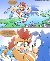 Size: 1449x1782 | Tagged: safe, artist:quaverdraws, sally acorn, sonic the hedgehog, chipmunk, hedgehog, 2025, comic, dialogue, duo, english text, female, looking at each other, male, robotropolis, sally's vest and boots, sonic generations, speech bubble, sweatdrop, tears, tears of happiness