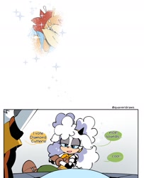 Size: 1449x1782 | Tagged: safe, artist:quaverdraws, lanolin the sheep, sally acorn, tangle the lemur, chipmunk, lemur, sheep, 2025, comic, crying, dialogue, english text, female, sally's vest and boots, sitting, smile, sparkles, speech bubble, table, tears, tears of happiness