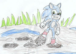 Size: 1060x754 | Tagged: safe, artist:mallum153, sonic the hedgehog, hedgehog, boots, bootsinmud, handdrawn, handdrawnart, looking at viewer, male, mobian, mud, muddy, mudseason, pencilwork, rain boots, rainboots, rubber boots, rubberboots, solo, sonicchannelboots, sonicchannelrainboots, sonicthehedgehog, sonicwearingboots, traditional media, videogamefanart