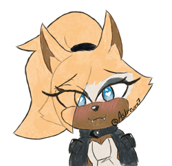 Size: 937x908 | Tagged: suggestive, whisper the wolf, blushing, colored version, eye clipping through hair, eyebrow clipping through hair, female, heart eyes, looking at viewer, simple background, sketch, smile, smiling at viewer, solo, watermark