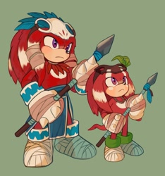 Size: 1440x1536 | Tagged: safe, artist:mossan315, knuckles the echidna, sonic the hedgehog 2 (2022), 2022, aged down, child, duo, green background, holding something, self paradox, simple background, spear, standing, weapon