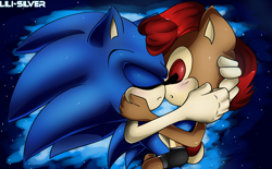 Size: 2268x1404 | Tagged: safe, artist:liquid-n-e-o-n, sally acorn, sonic the hedgehog, chipmunk, hedgehog, 2014, carrying them, duo, female, hugging, male, nighttime, sally x sonic, sally's ringblader outfit, shipping, star (sky), straight