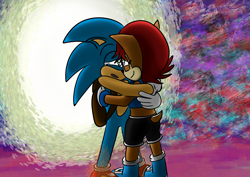 Size: 4960x3508 | Tagged: safe, artist:skippy-008, sally acorn, sonic the hedgehog, chipmunk, hedgehog, 2025, alternate outfit, alternate universe, au:sonic freedom files, bag, crying, duo, female, hugging, male, sally x sonic, sally's ringblader outfit, shipping, straight, tears