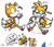 Size: 688x590 | Tagged: safe, artist:vaporotem, miles "tails" prower, oc, fox, ..., 2008, classic tails, comparison, dialogue, durr, english text, faic, fangs, holding something, male, mouth open, script, shouting, simple background, smile, trio, white background