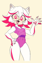 Size: 900x1351 | Tagged: safe, artist:ashura-ou, oc, oc:ghost (ashura-ou), 2025, beanbrows, bodysuit, chest fluff, claws, deviantart watermark, ear fluff, eyebrow clipping through hair, eyelashes, fangs, flat colors, fur markings, hand on hip, looking at viewer, obtrusive watermark, oc only, pawpads, pink nose, simple background, smile, solo, standing, watermark, waving, yellow sclera