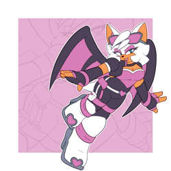 Size: 1280x1280 | Tagged: safe, artist:chaobucks, rouge the bat, 2025, alternate outfit, alternate universe, cleavage, eyewear on head, fingerless gloves, flat colors, gloves, goggles, goggles on head, lidded eyes, looking offscreen, outline, redesign, smile, solo