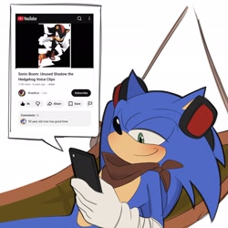 Size: 2048x2047 | Tagged: safe, artist:tenderandmilder, shadow the hedgehog, sonic the hedgehog, 2026, blushing, hammock, headphones, holding something, lidded eyes, looking at something, lying down, phone, simple background, smile, solo, sonic boom (tv), white background, youtube