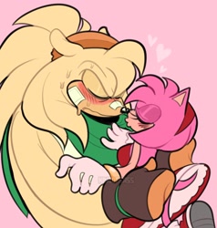 Size: 1926x2026 | Tagged: safe, artist:king0fsasss, amy rose, bark the polar bear, 2026, age difference, amy x bark, attempted kiss, bandaid, blushing, crack shipping, duo, frown, heart, holding each other, holding them, pink background, shipping, simple background, straight, sweatdrop